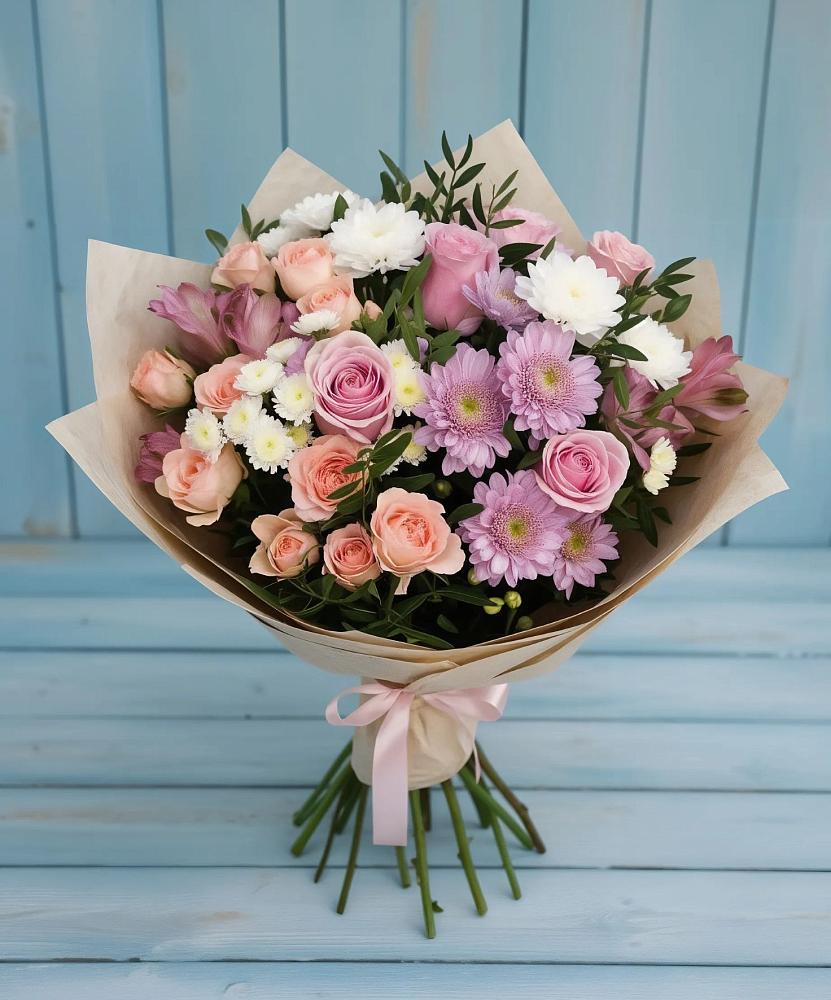 Букет цветов из: Хризантемы, Розы и Альстромерии в Глазынино