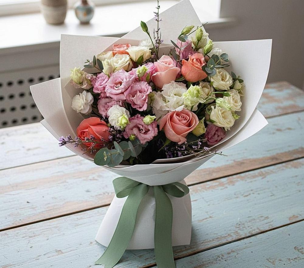 Букет цветов из: Розы, Лизиантусы и Гвоздики в Глазынино