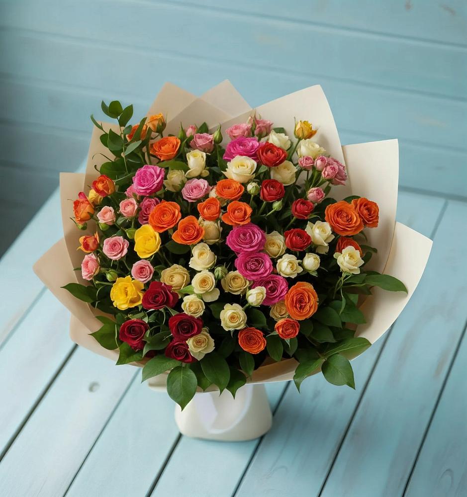 Букет Микс из разноцветных кустовых роз в Глазынино