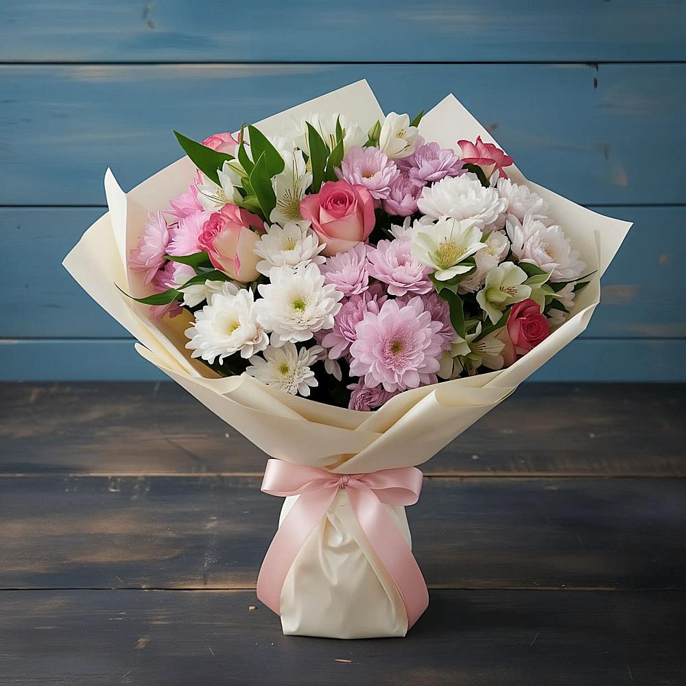 Букет цветов из: Хризантемы, Альстромерии и Розы в Глазынино